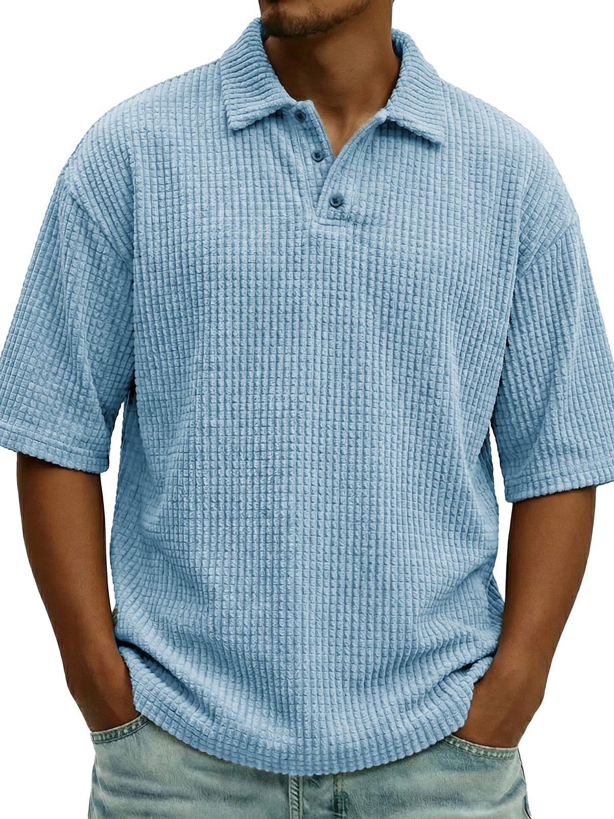 Men's Fashionable Casual Waffle Knit Collar Short-Sleeve Polo Shirt