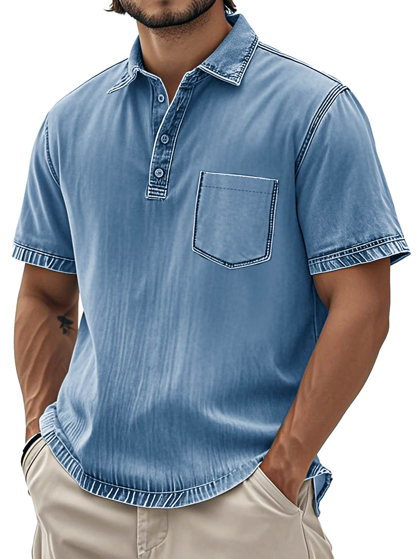 Men's Fashion Retro Washed Cotton Lapel Pocket Polo Shirt