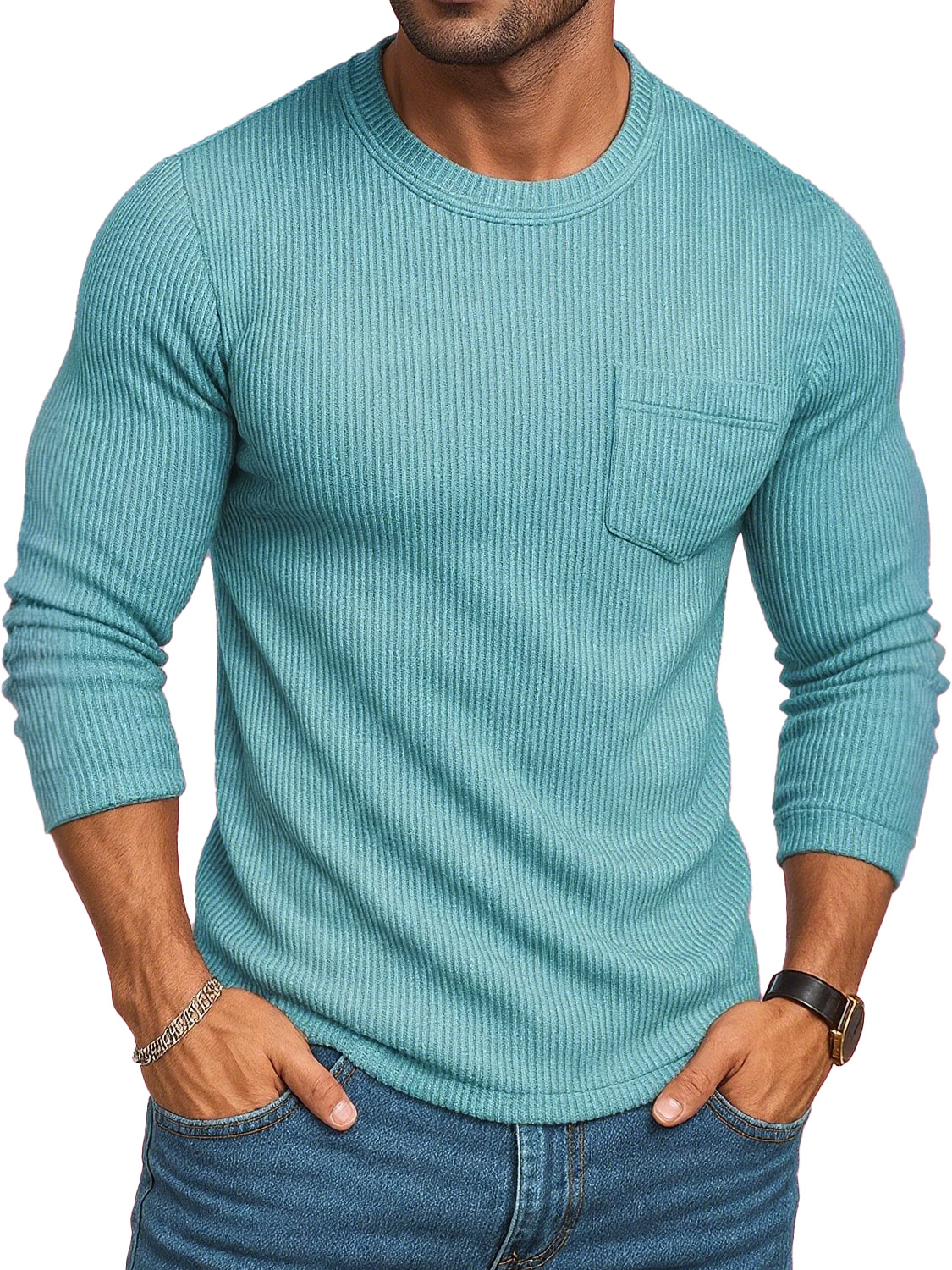 Men's Stylish Casual Retro Round-neck Ribbed Fabric Long-sleeved Pocket T-shirt