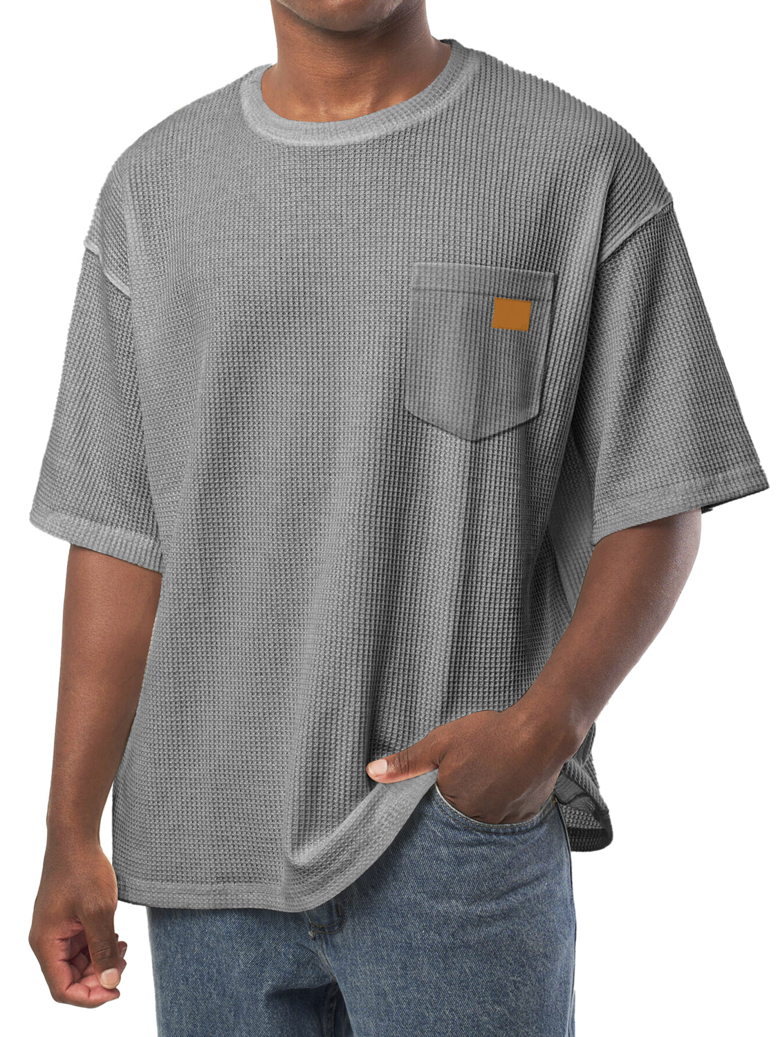 Men's Everyday Waffle Pocket Embroidered Logo Crew Neck Casual Loose Short Sleeve T-Shirt