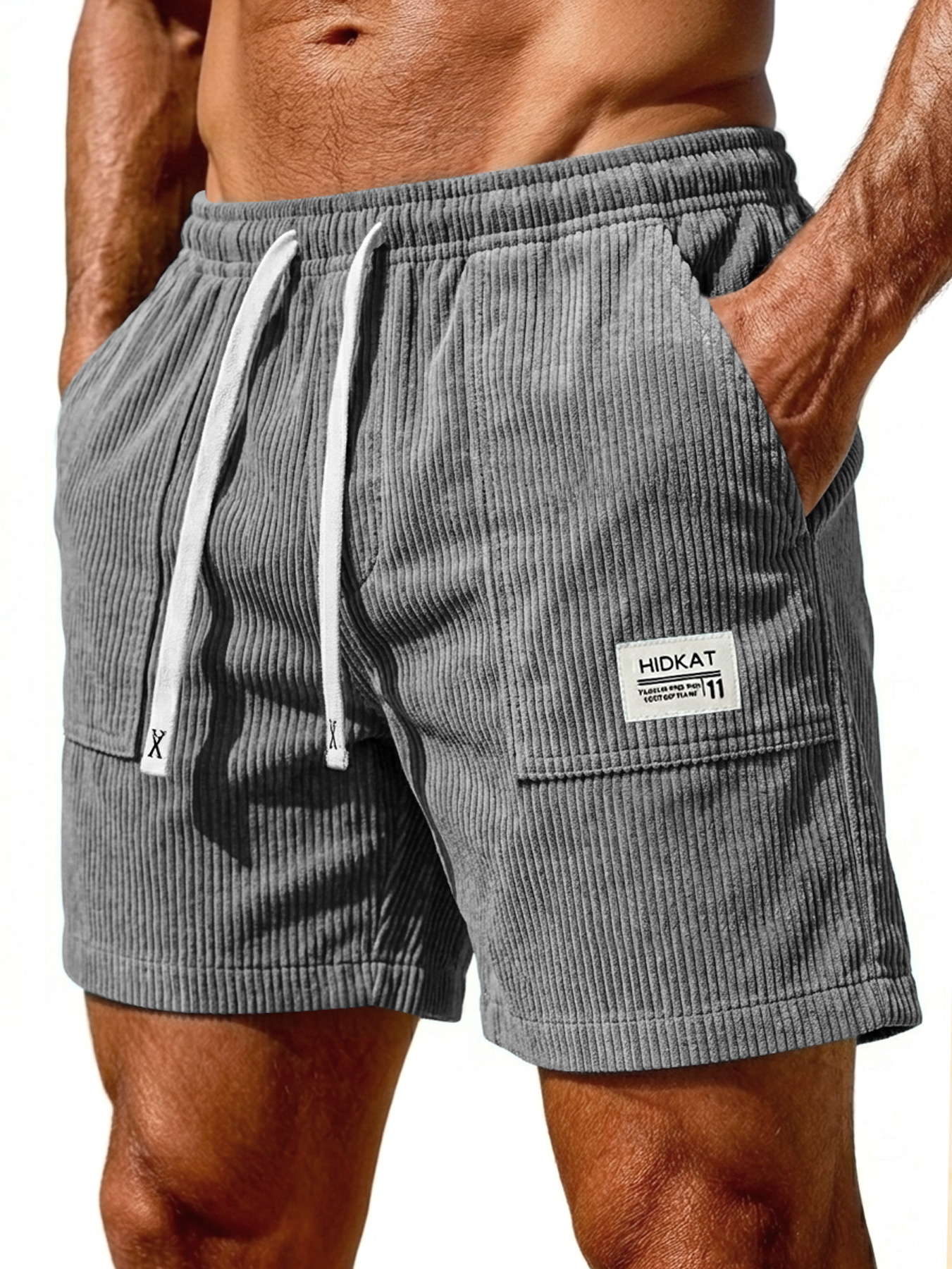 Men's Retro Corduroy Patch Pocket Embroidered Logo Casual Shorts