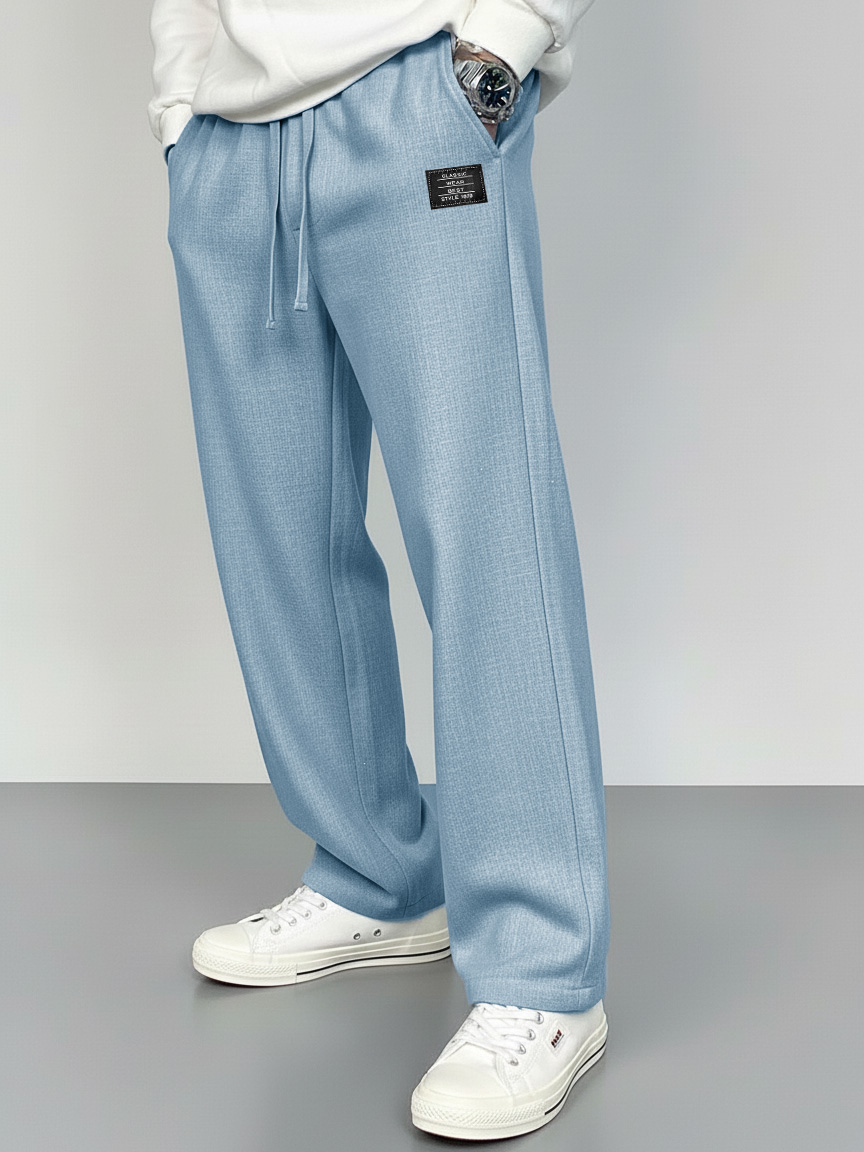 Men's Fashionable Linen Fabric Embroidered Logo Pocket Loose-Fitting Trousers