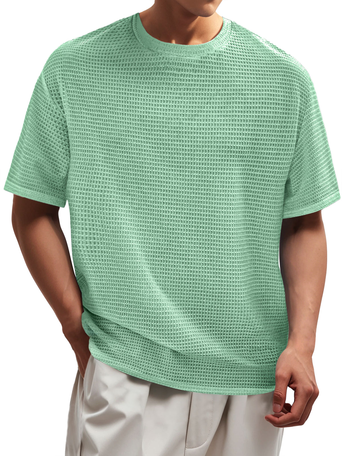 Men's Waffle Everyday Round Neck Casual Solid Color Short Sleeve T-Shirt
