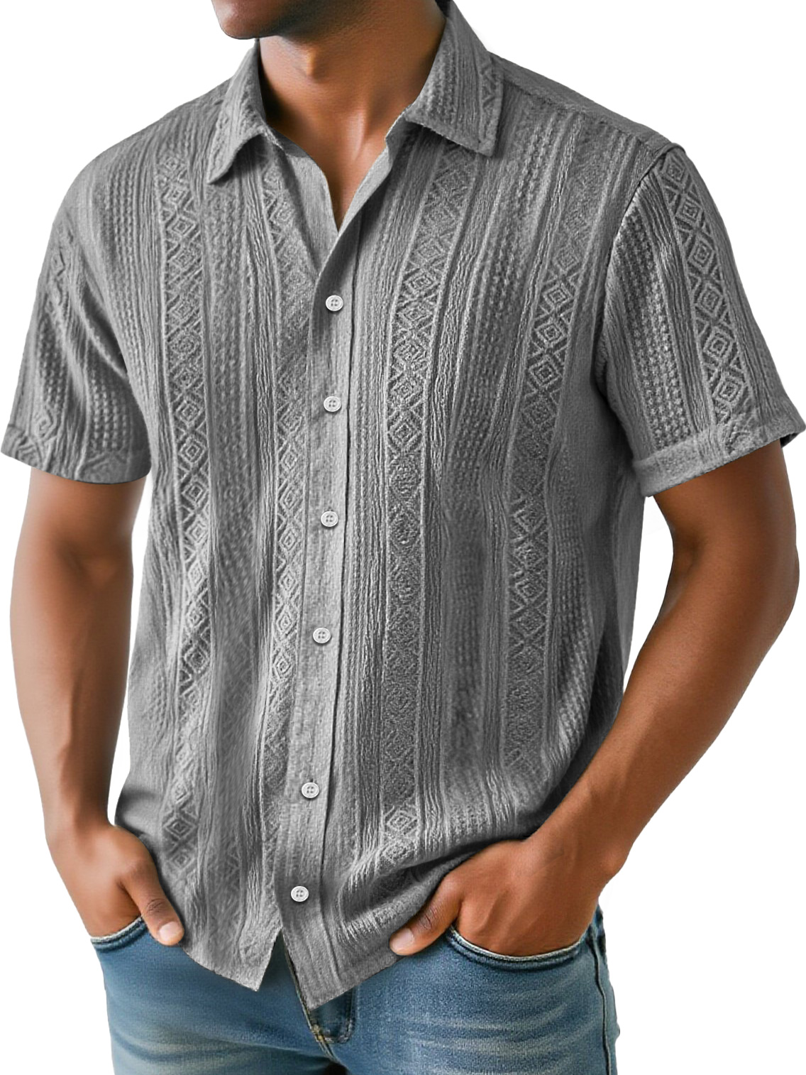Men's Daily Simple Jacquard Texture Casual And Comfortable Solid Color Short-sleeved Shirt