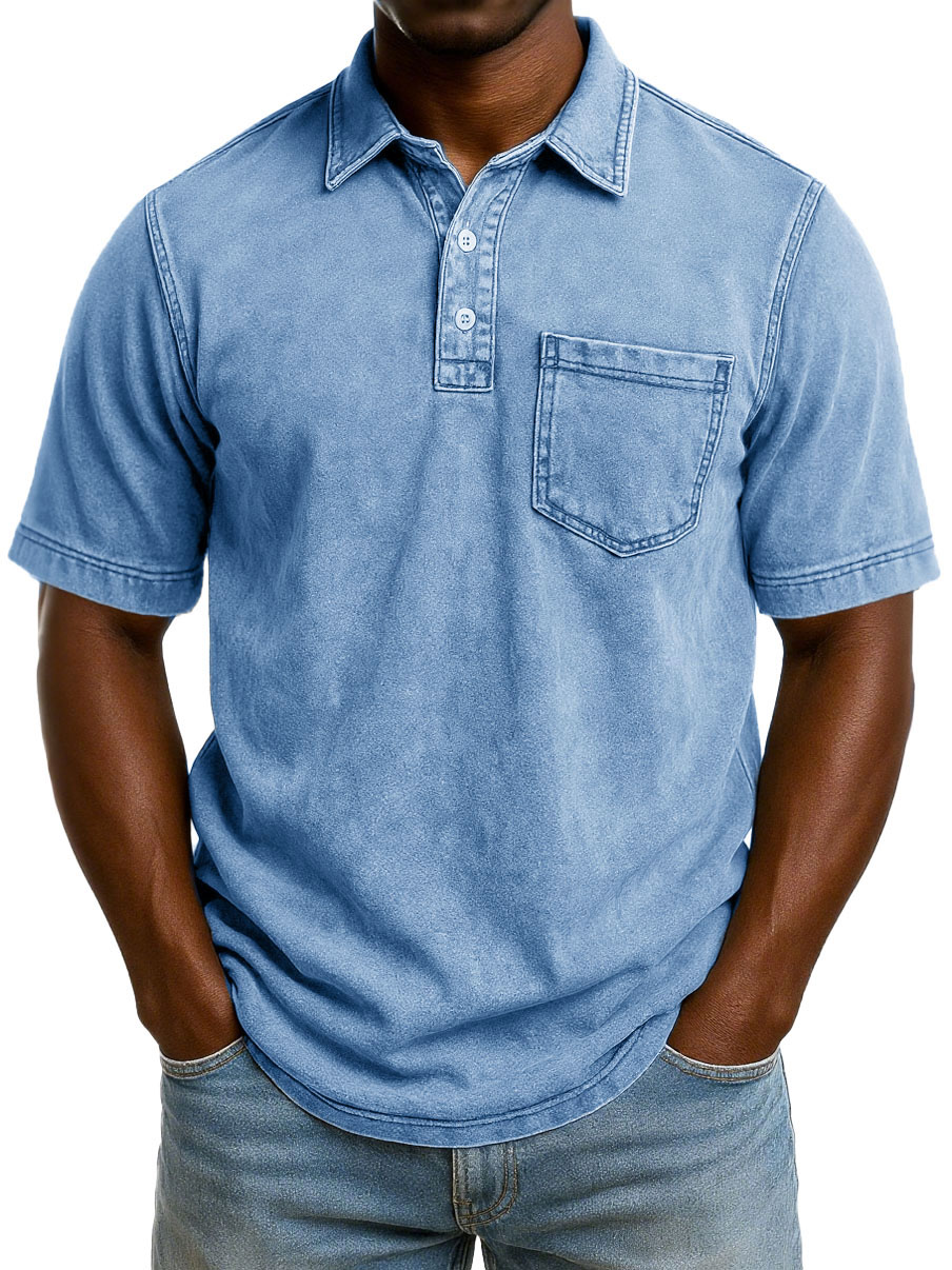 Men's Fashion Casual Retro Washed Short-sleeved Lapel Pocket Polo Shirt