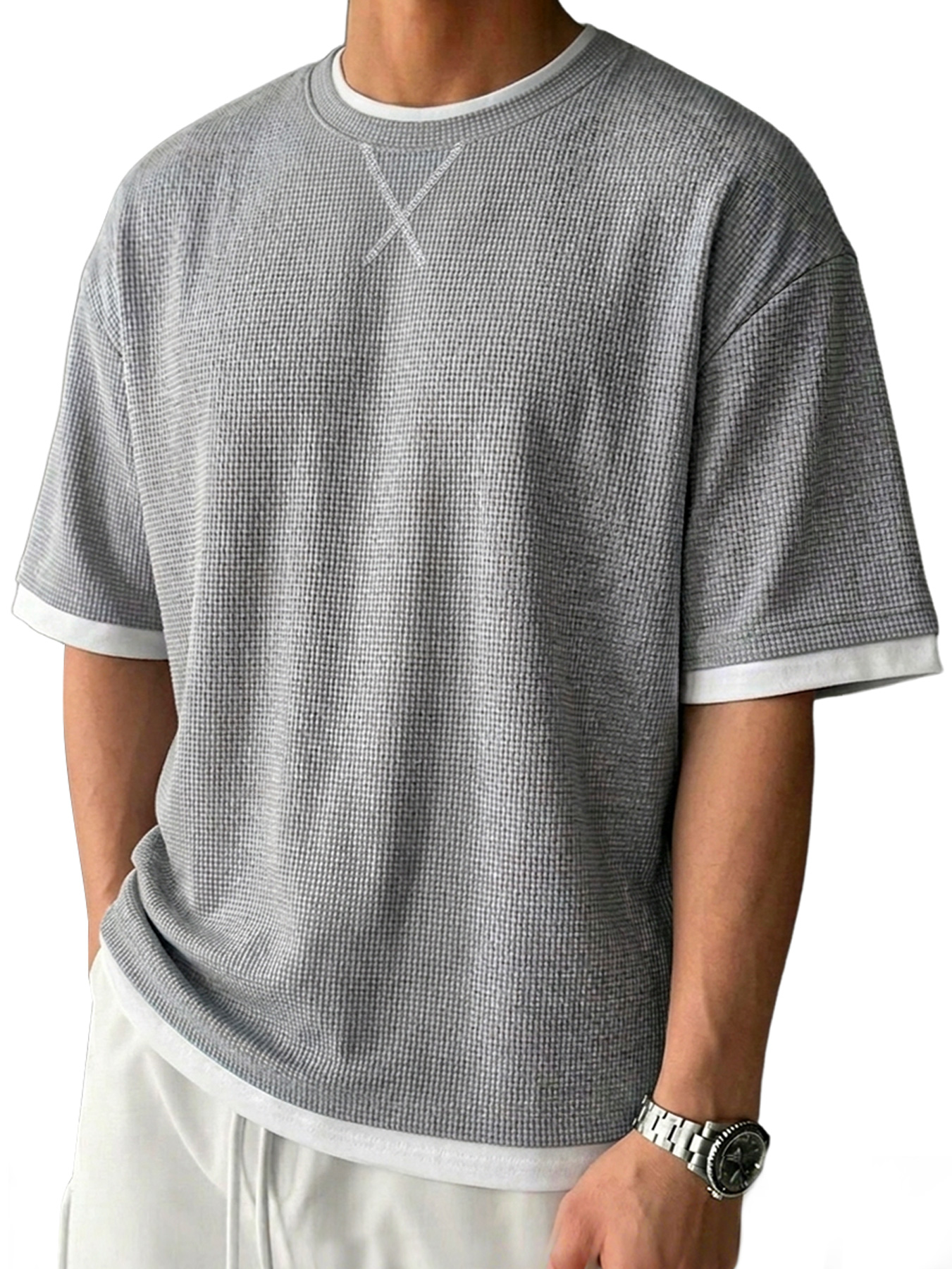 Men's Casual Crew-Neck Solid-Color Textured Short-Sleeve T-Shirt