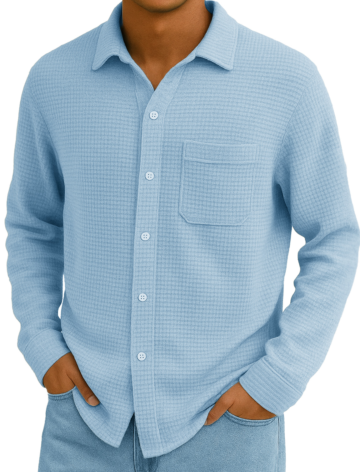 Men's Stylish Everyday Casual Waffle Fabric Pocket Lapel Long-sleeved Shirt