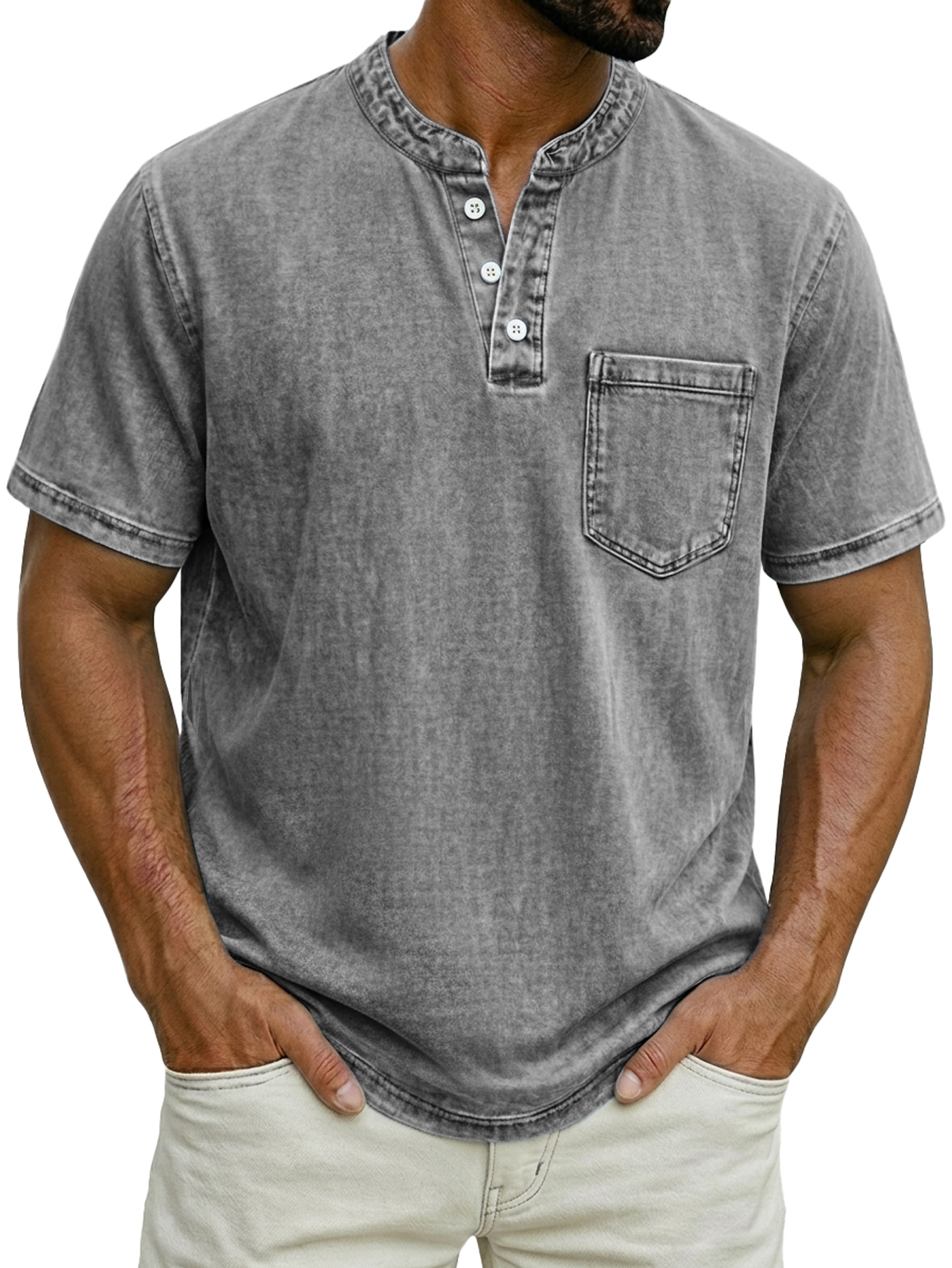 Men's Casual Retro Stand Collar Button-Down Short Sleeve Henley Shirt