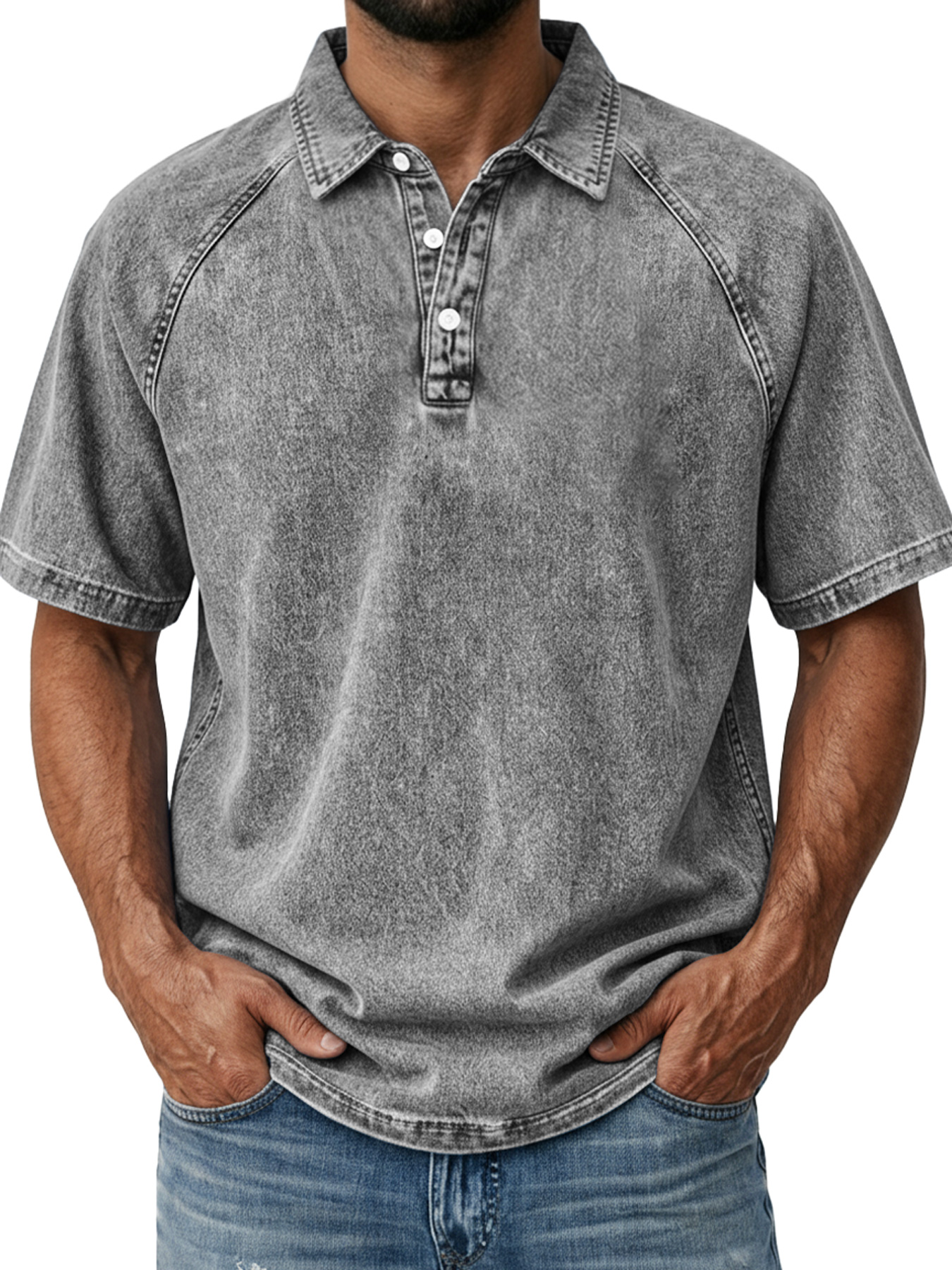 Men's Casual Retro Raglan Collar Button-Down Short Sleeve Polo Shirt