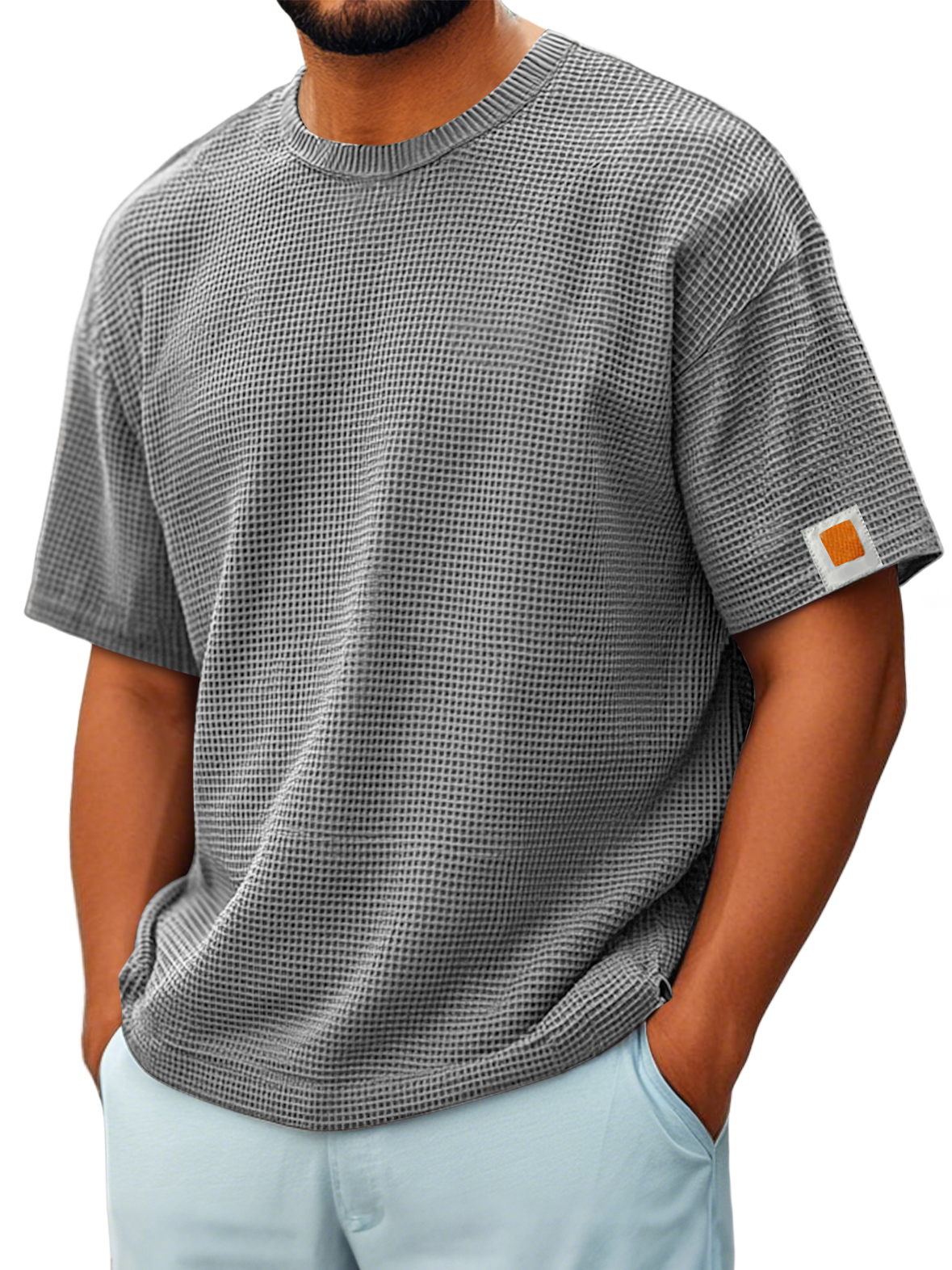 Men's Vintage Crew Neck Waffle Embroidered Logo Comfort Short Sleeve T-Shirt