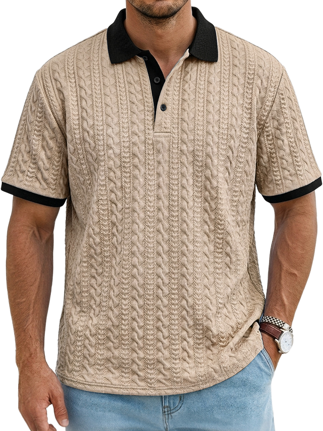 Men's Textured Collar Button-Up Casual Comfort Short-Sleeve Polo Shirt