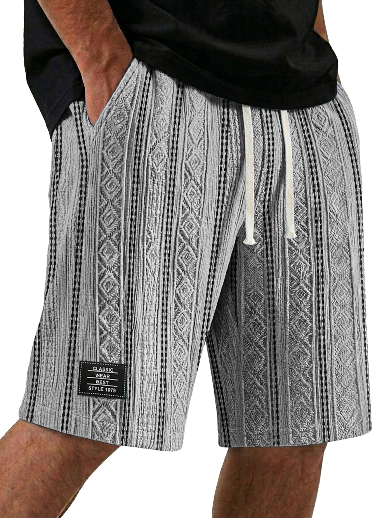 Men's Color-Blocked Textured Embroidered Logo Casual Loose Shorts