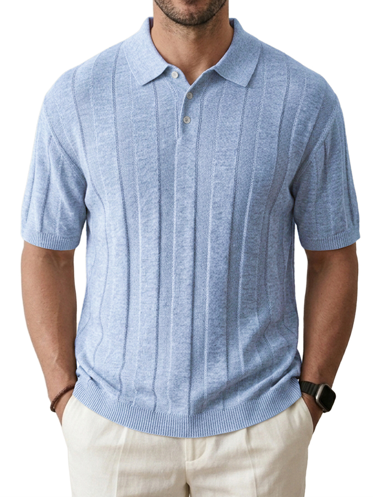 Men's Knitted Stretch Textured Striped Comfortable Short-Sleeve Polo Shirt