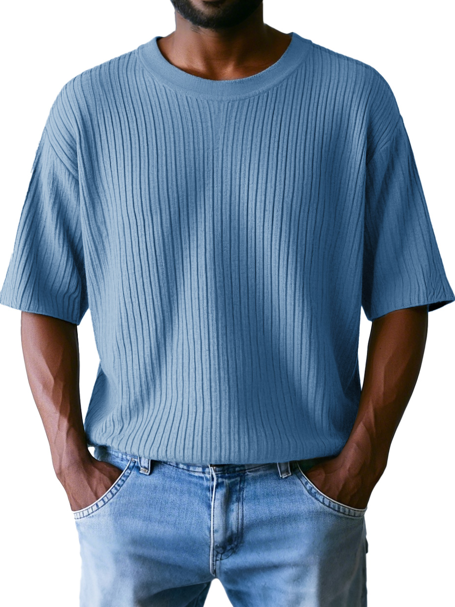 Men's Fashion Casual Ribbed Fabric Short-sleeved Round Neck T-shirt