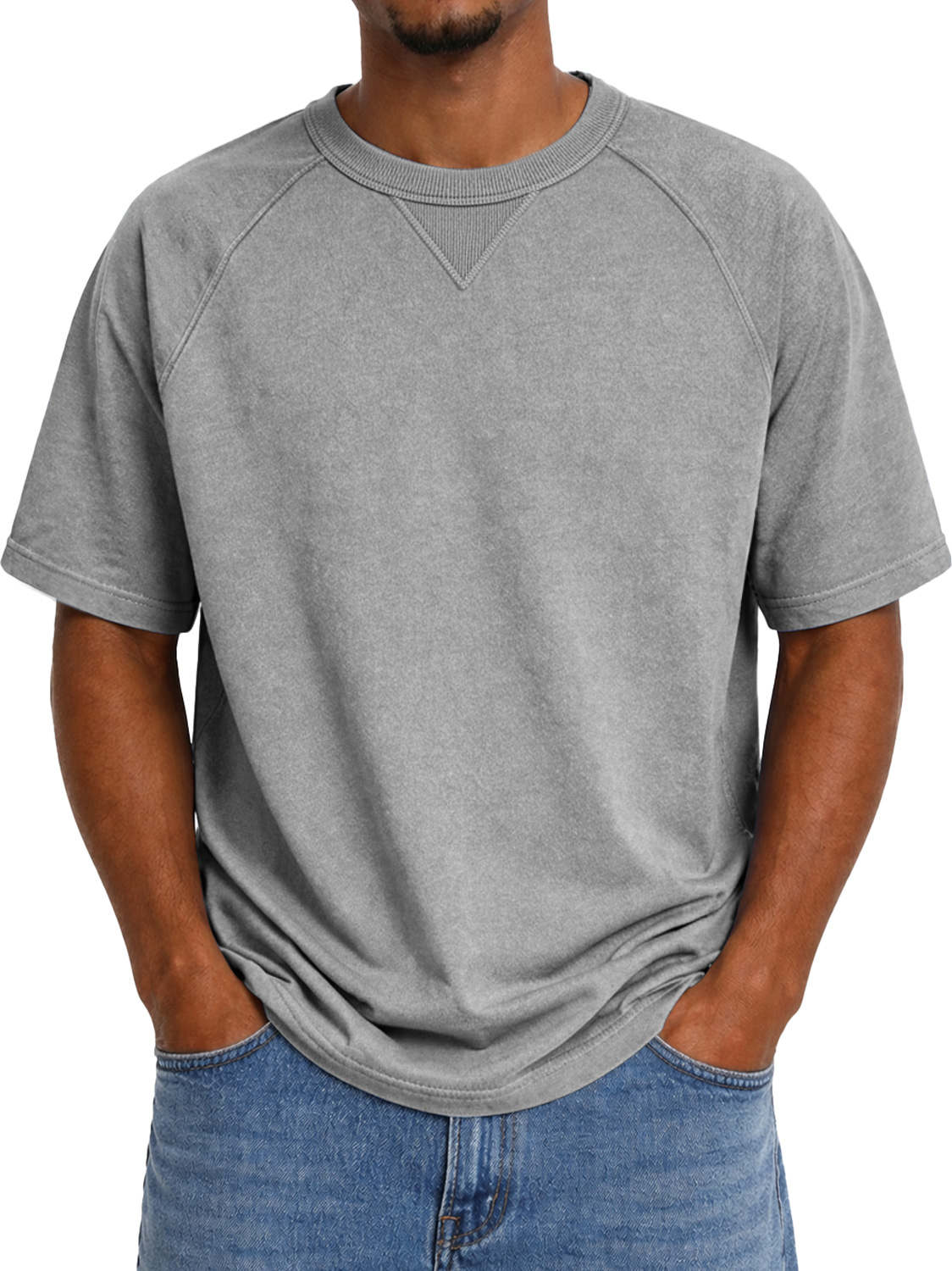 Men's Crew Neck Raglan Short-sleeved T-shirt With Inverted Triangle Design