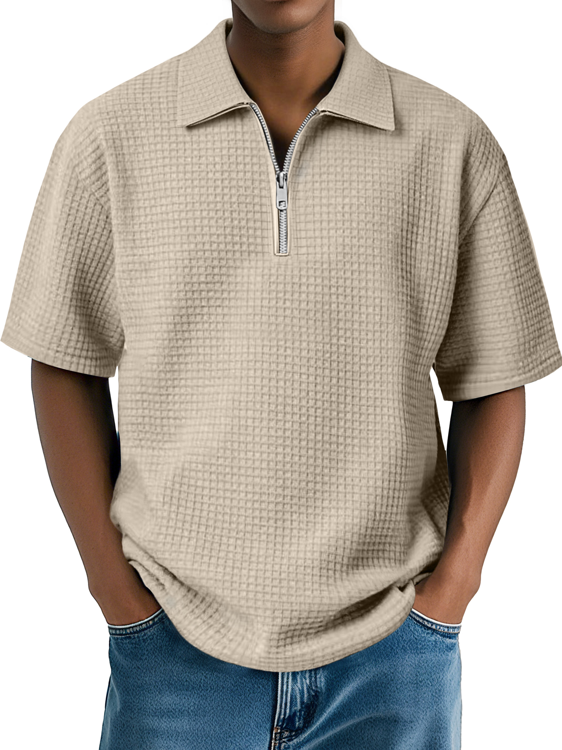 Men's Daily Waffle Lapel Zipper Casual Comfort Short Sleeve POLO Shirt