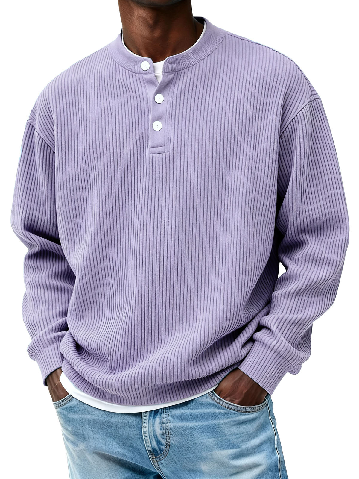 Men's Casual Pit Strip Fabric Three-button Long-sleeved Henry Shirt