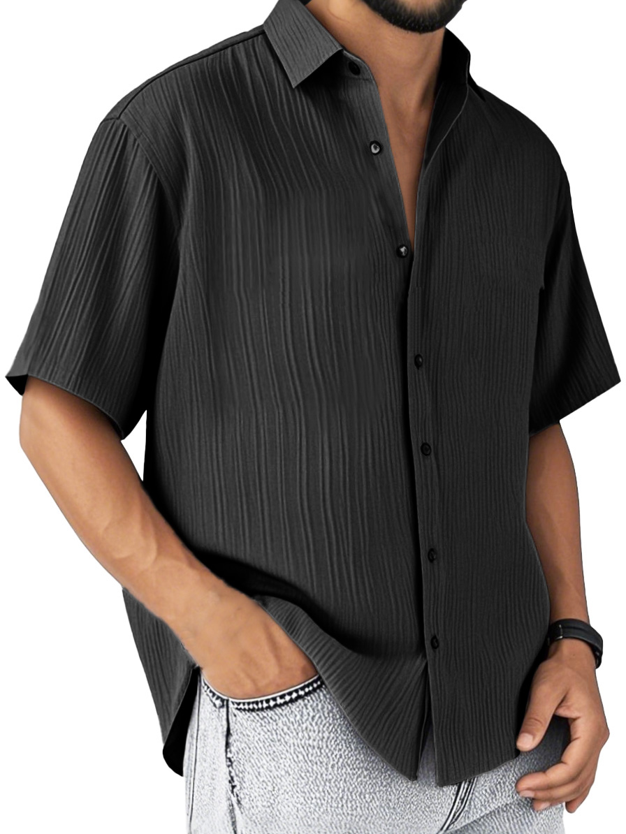 Men's Fashion Casual Striped Fabric Short-sleeved Lapel Shirt