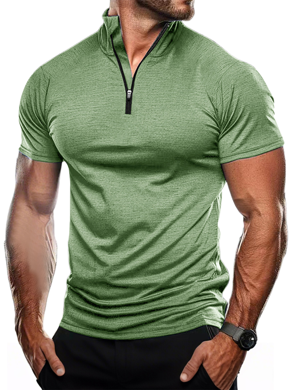 Men's Casual Stand Collar Zipper Quick-drying Solid Color Short-sleeved T-shirt