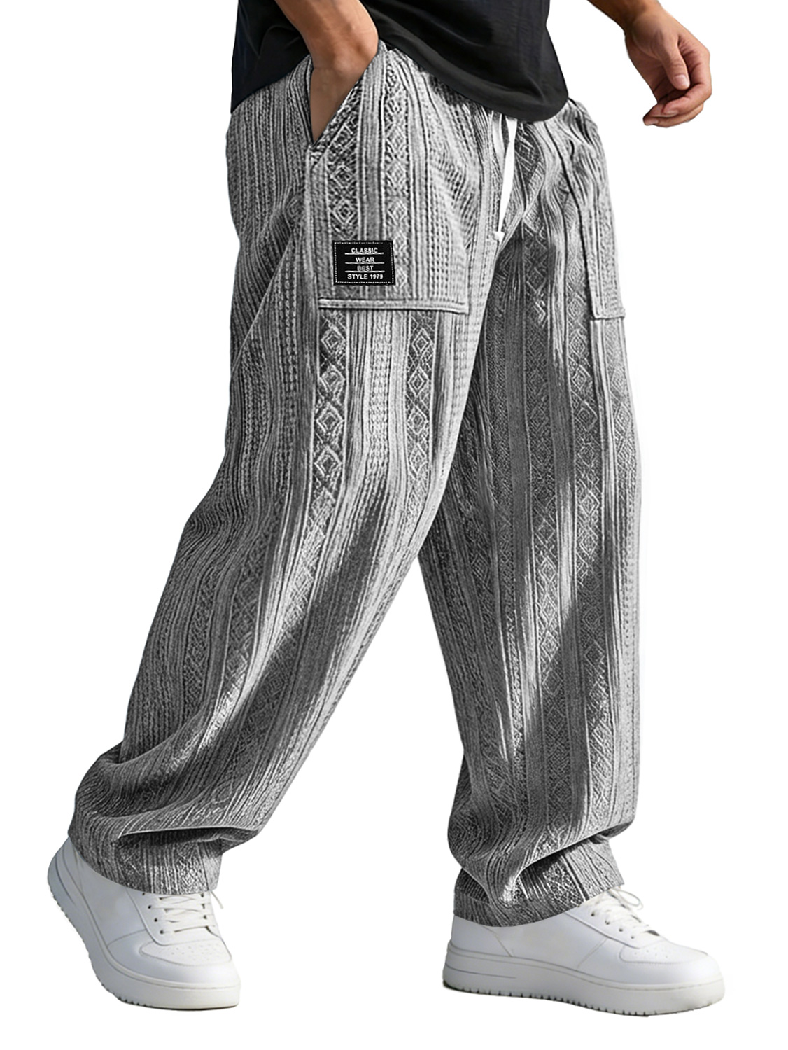Men's Casual Jacquard Trousers With Patch Pockets And Embroidered Logo, Loose Fit