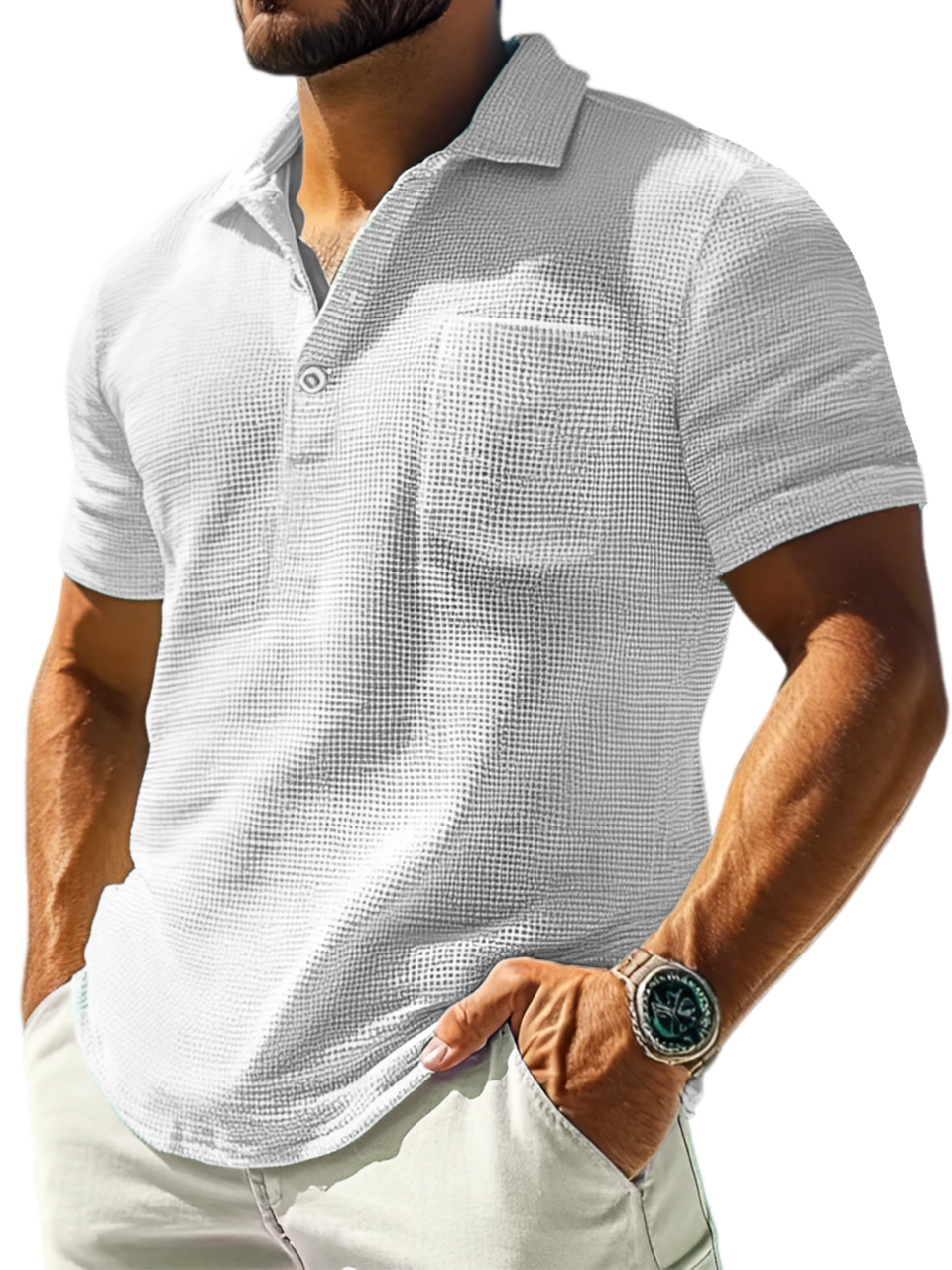 Men's Fashion Casual Short-sleeved Lapel Polo Shirt With Waffle Fabric