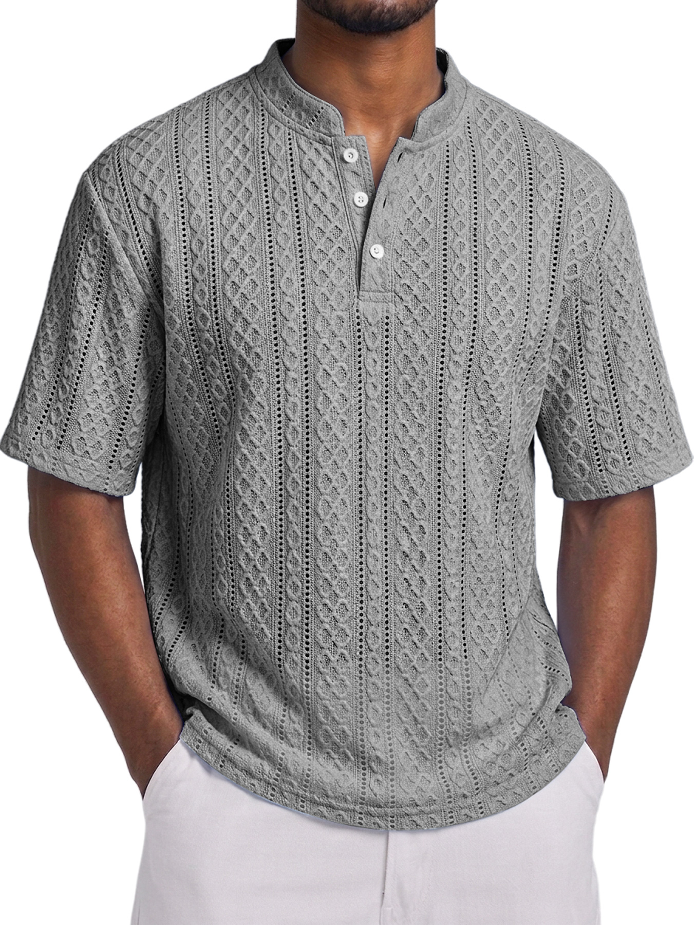 Men's Short-Sleeve Henley Shirt with Stand Collar, Button Placket, and Textured Jacquard Finish