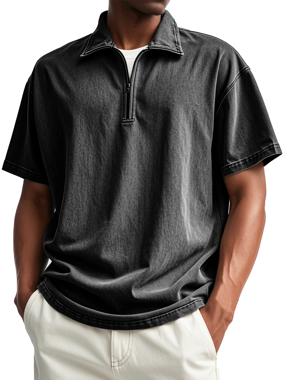 Men's Fashion Retro Distressed Short Sleeve Stand Collar Zip Polo Shirt