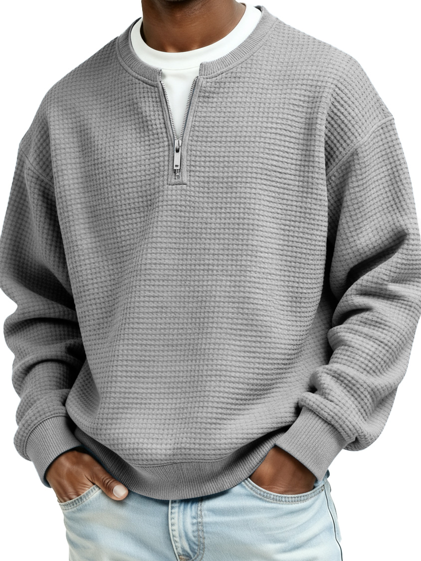 Men's Casual Faux Two-Piece Waffle Fabric Zipper Long-Sleeve Top
