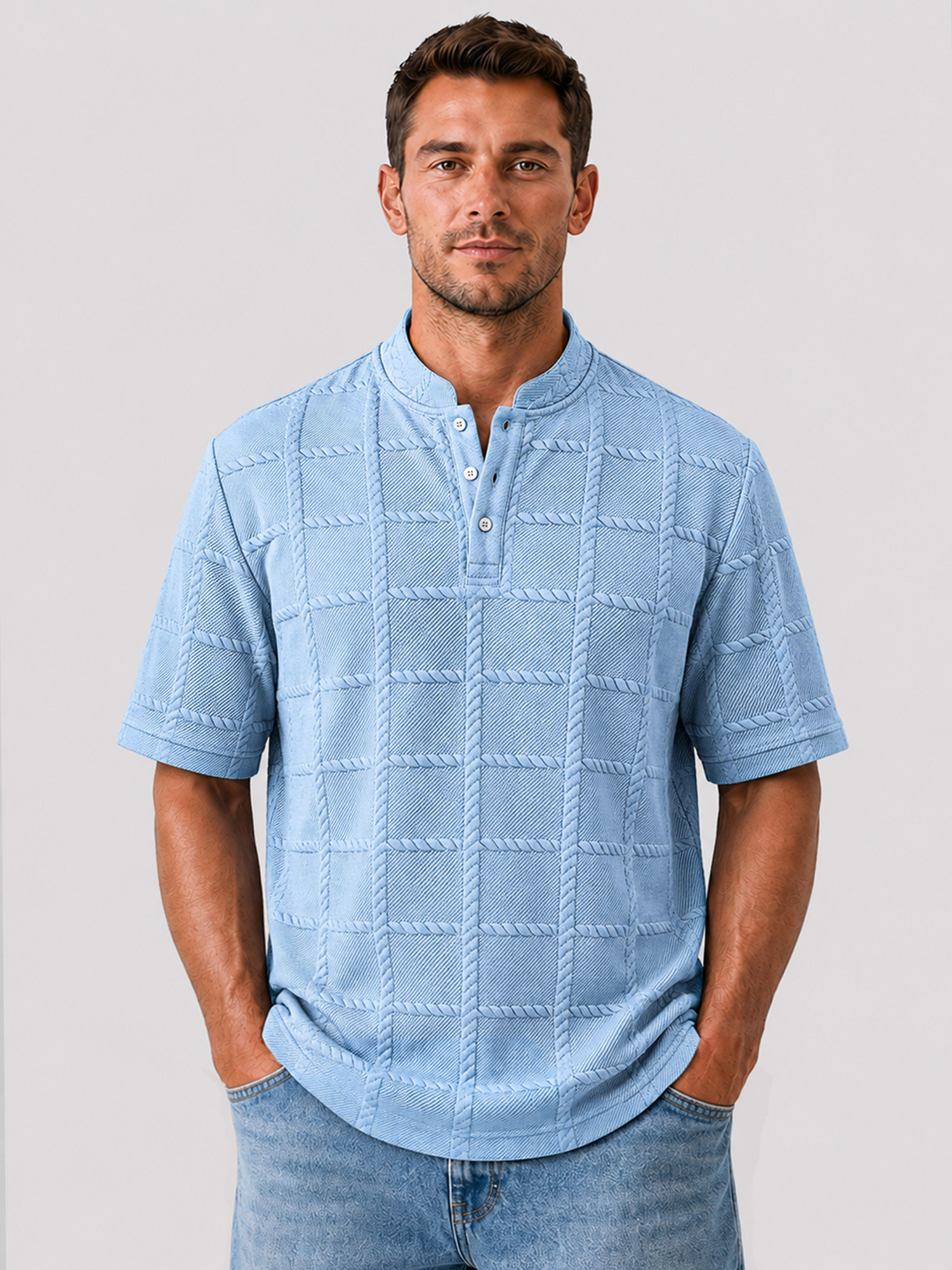 Men's Casual Textured Stand-Collar Button-Front Solid-Color Short-Sleeve Henley Shirt