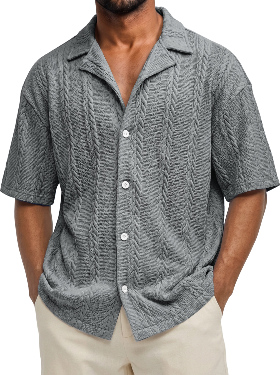 Men's Casual Solid-Color Short-Sleeve Shirt with Jacquard Texture