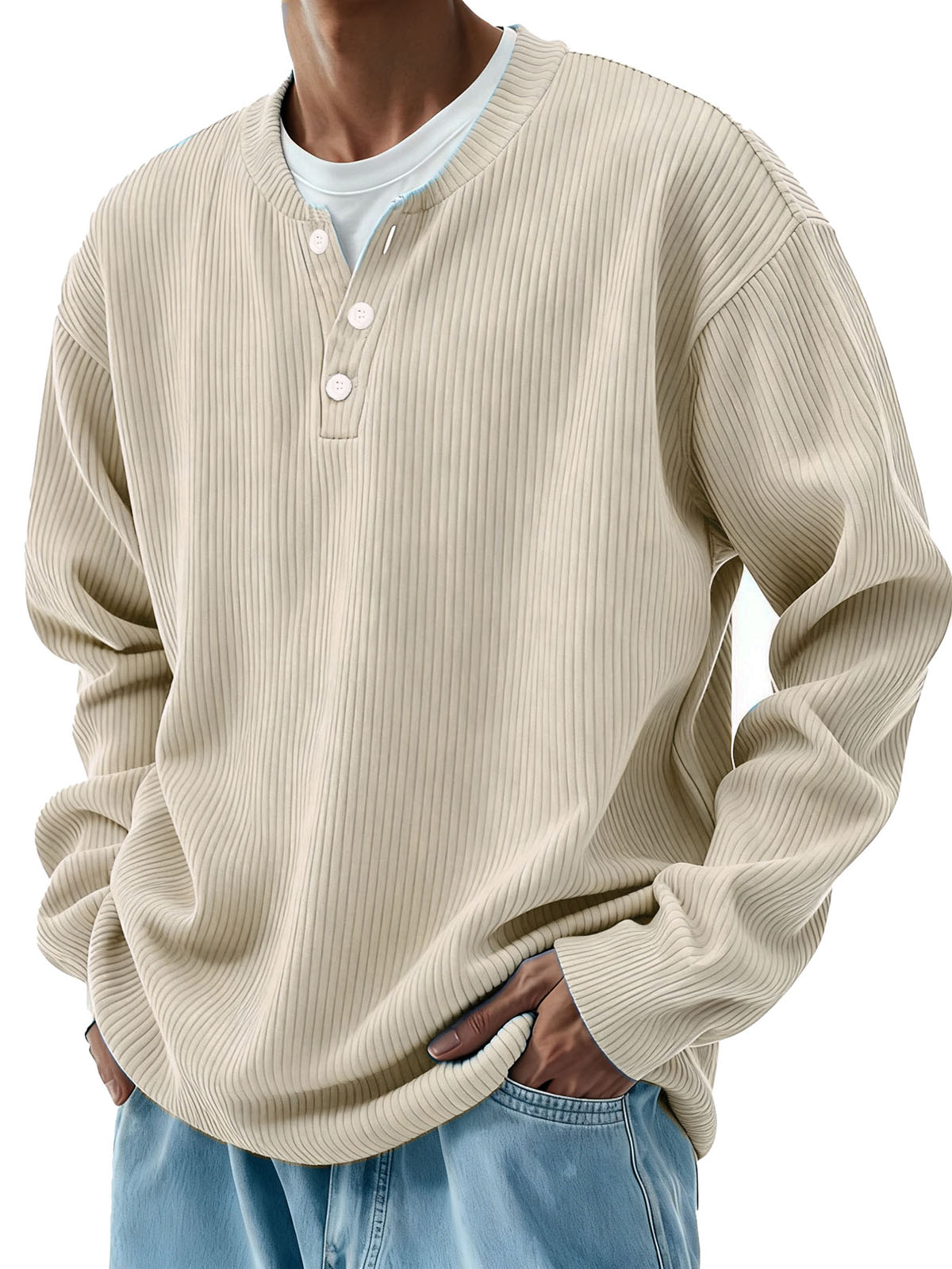 Men's Clothing Fashionable Casual Pit Strip Fabric Three-button Long-sleeved Henry Shirt
