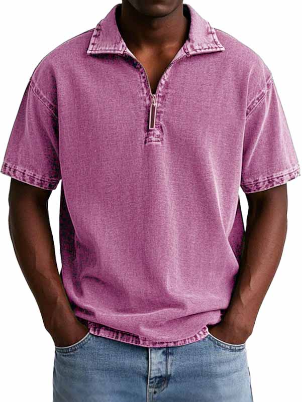 Men's Retro Distressed Zip Short Sleeve Polo Shirt