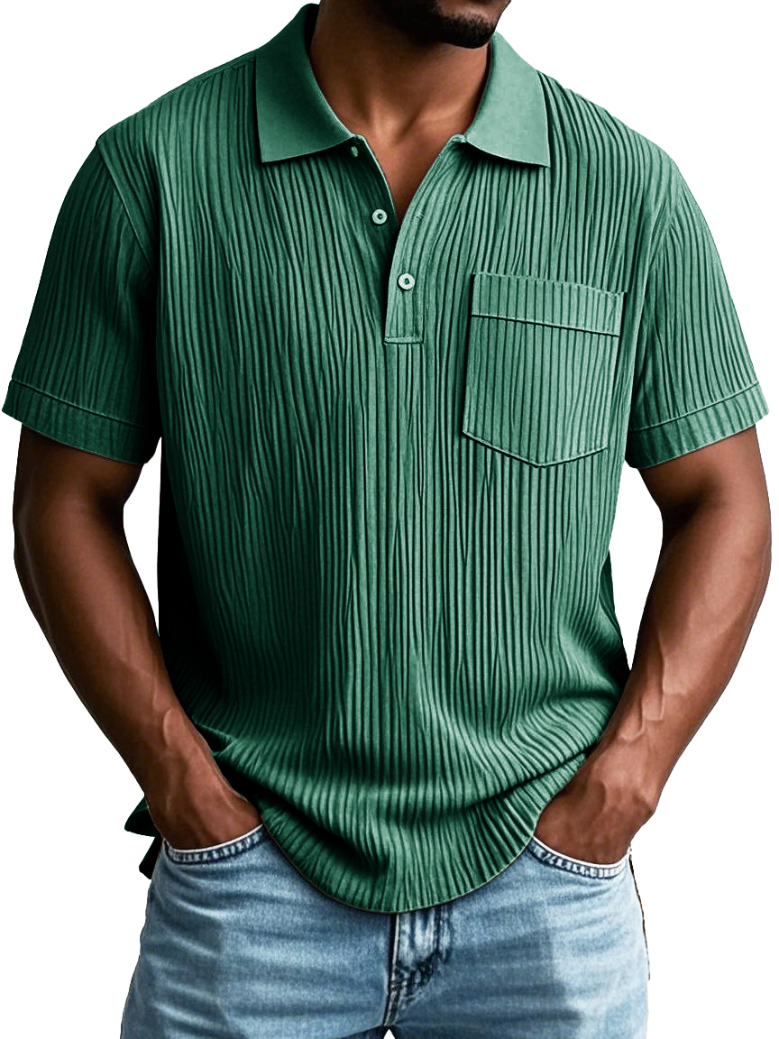 Men's Fashion Casual Striped Fabric Pocket Short Sleeve Lapel Polo Shirt