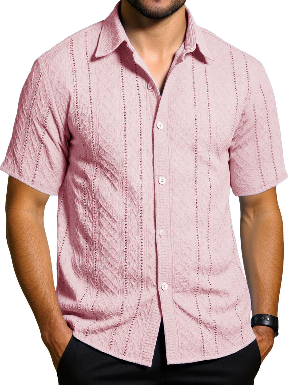 Men's Fashion Daily Casual Jacquard Fabric Short-sleeved Lapel Shirt