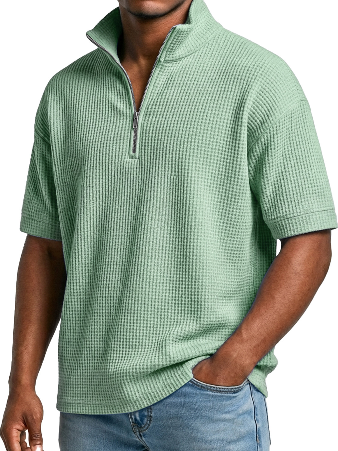 Men's Waffle-knit Simple Stand-collar Zip-up Casual Short-sleeved T-shir