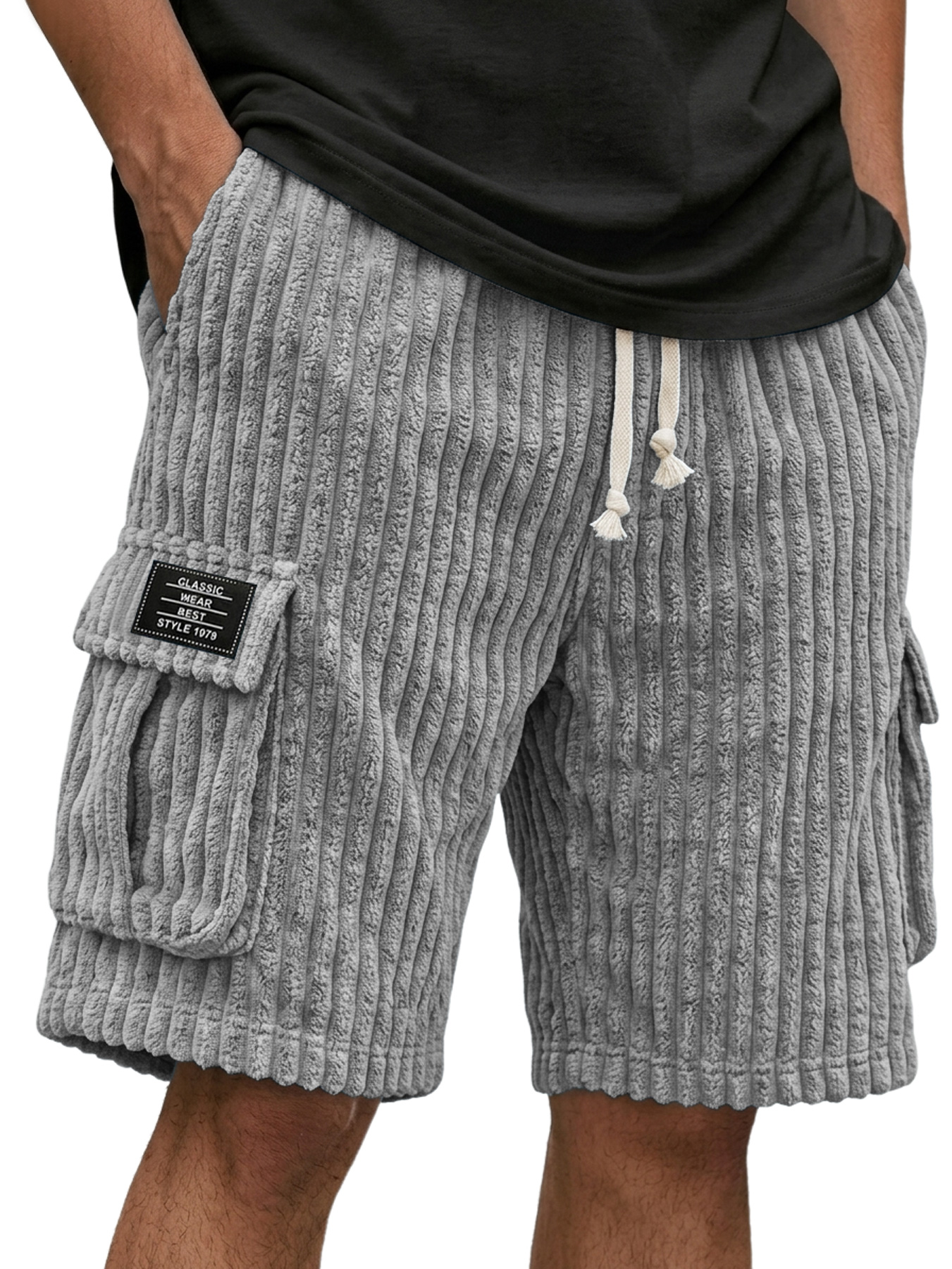 Men's Corduroy Multi-Pocket Embroidered Logo Casual Cargo Shorts