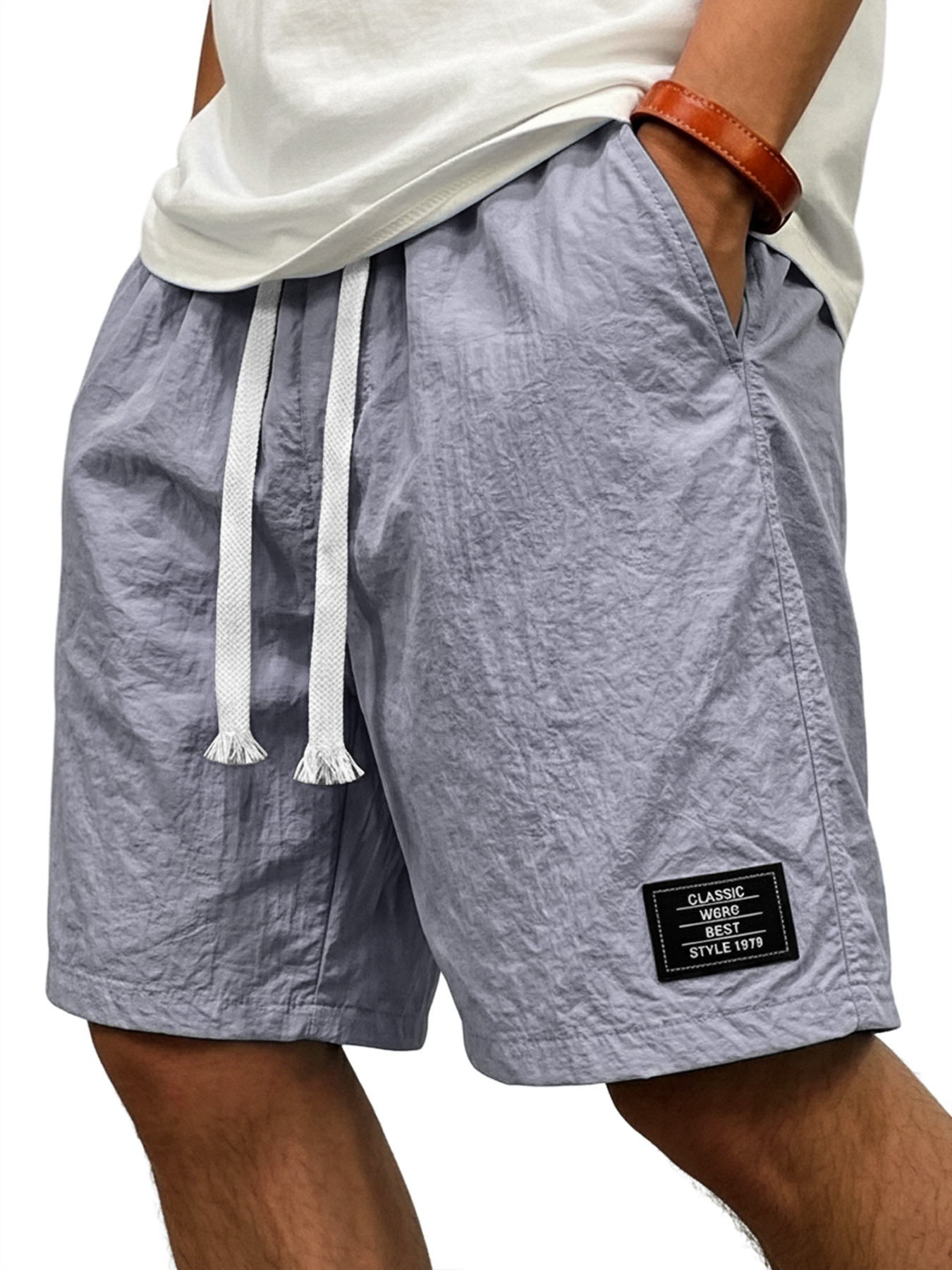 Men's Casual Ice Silk Embroidered Logo Elastic Waist Loose Shorts