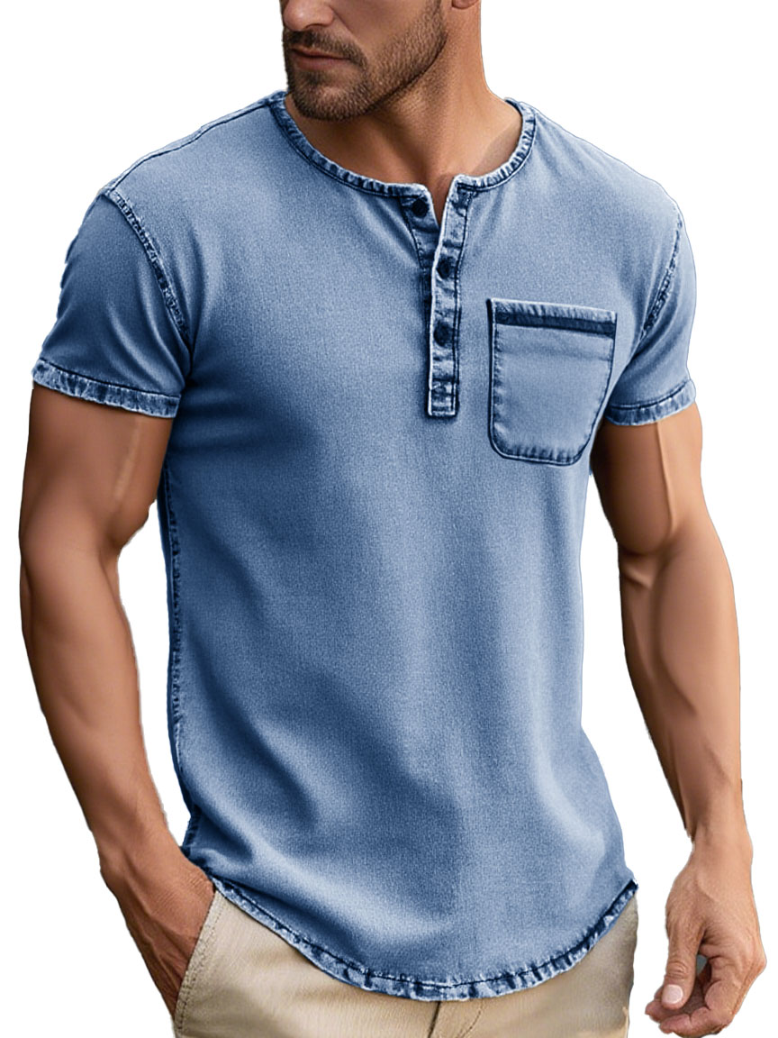 Men's Fashion Daily Distressed Fabric Pocket Short-sleeved Henley Shirt
