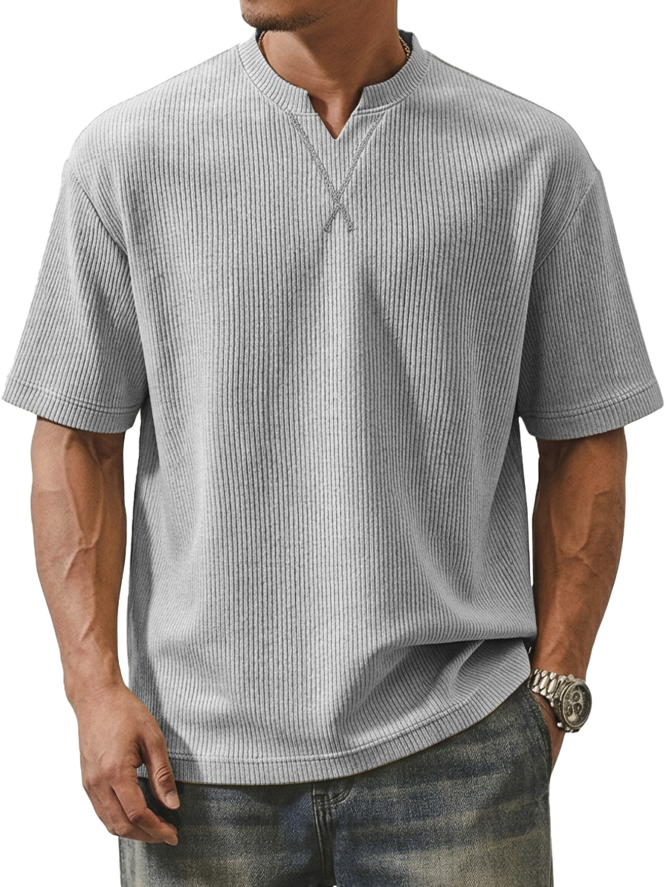 Men's Ribbed V-neck Crossover Design Casual Short-sleeve T-shirt