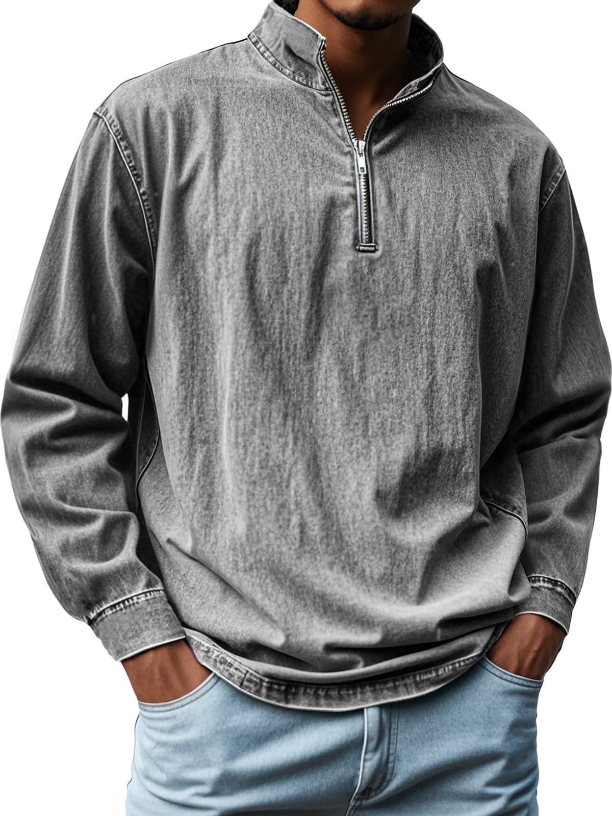 Men's Vintage Distressed Stand-up Collar Zipper Casual Long-sleeved T-shirt