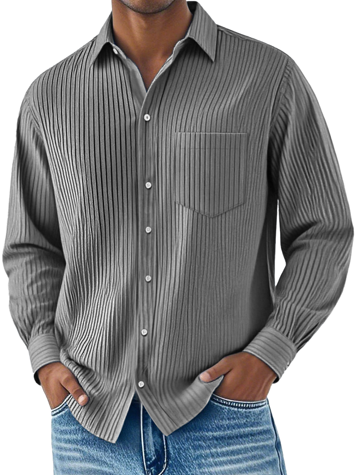 Men's Daily Ribbed Lapel Pocket Casual Long Sleeve Shirt