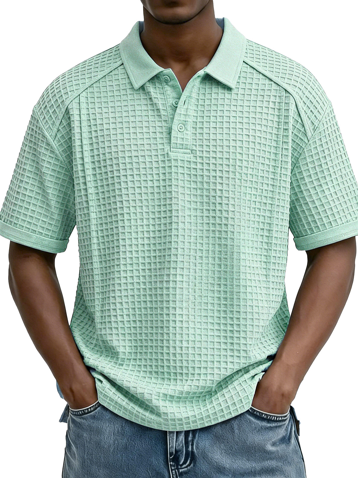 Men's Fashion Retro Waffle Fabric Collared Short-Sleeve Polo Shirt