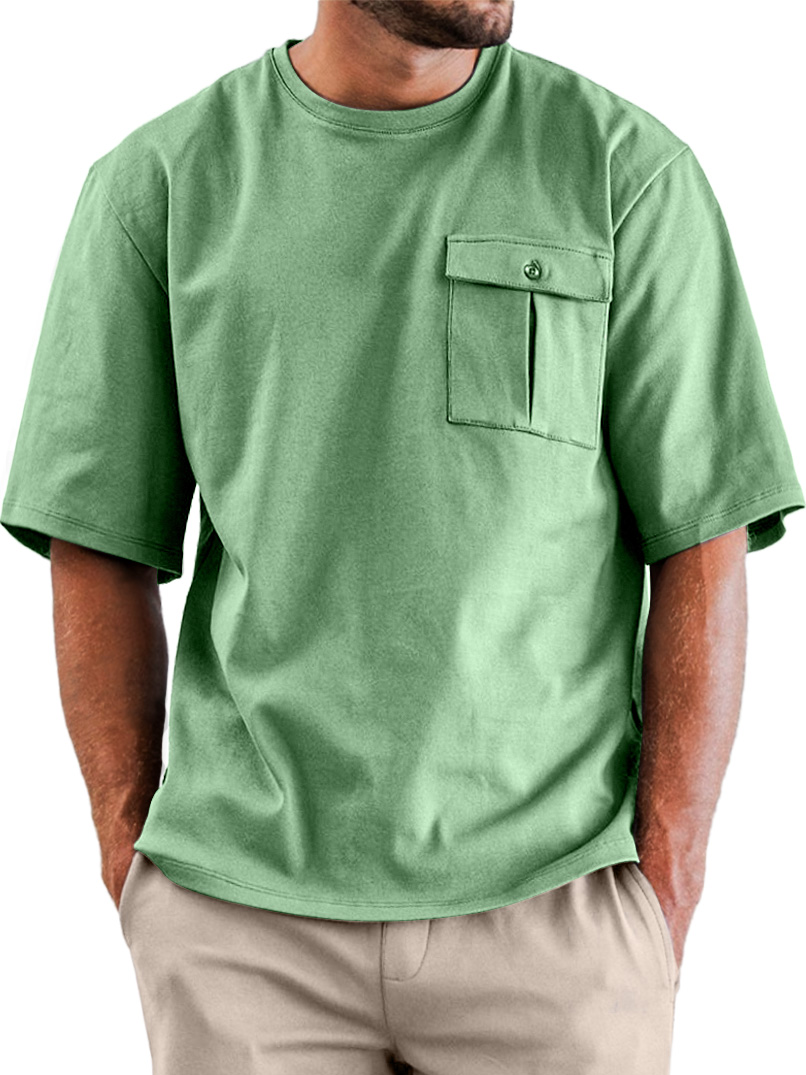 Men's Daily Round Neck Pocket Casual Solid Color Short Sleeve T-shirt