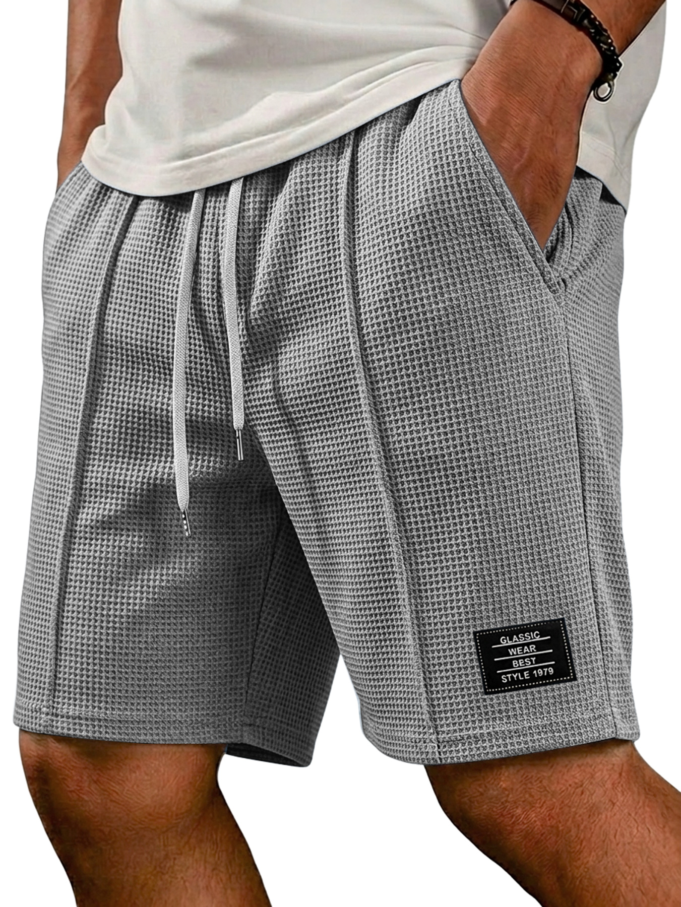 Men's Waffle Embroidered Logo Casual Solid Color Shorts