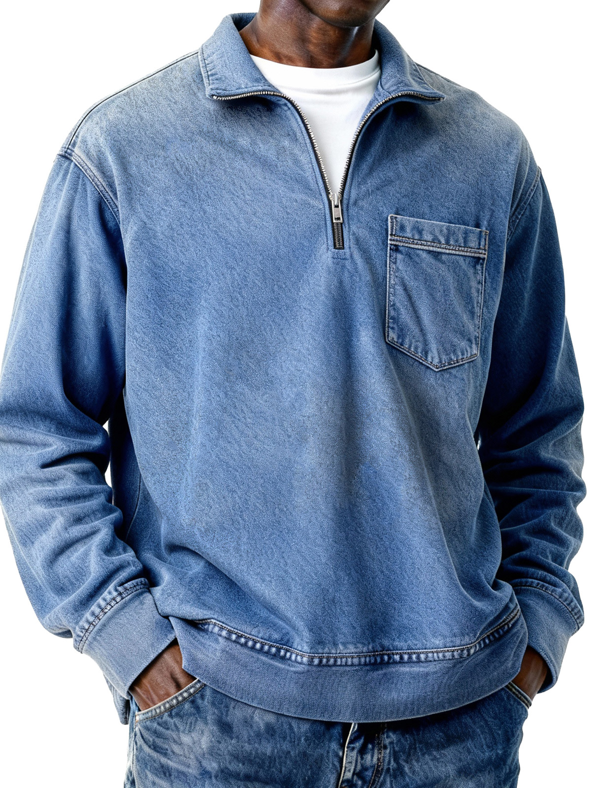 Men's Retro Distressed Zipper Loose Long-Sleeve Polo Shirt