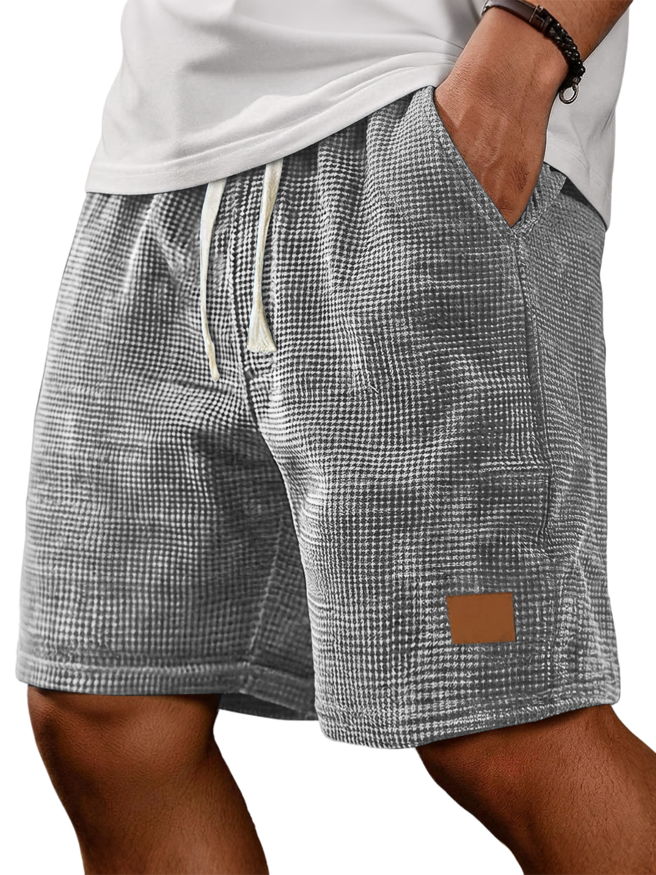 Men's Retro Corduroy Waffle Knit Embroidered Leather Label Casual Loose Shorts