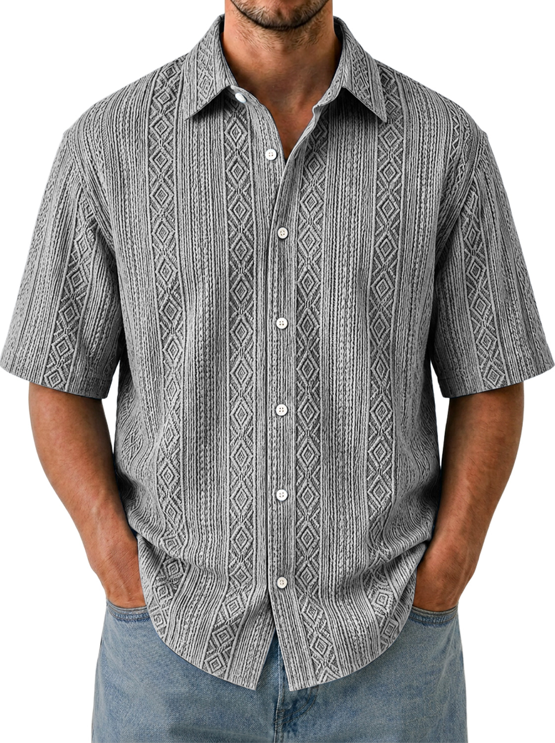Men's Solid-Color Short-Sleeve Casual Shirt with Jacquard Texture