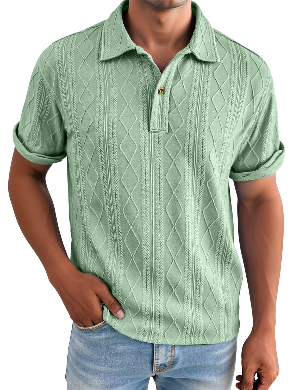 Men's Daily Jacquard Texture Casual Lapel Solid Color Short-sleeved Polo Shirt