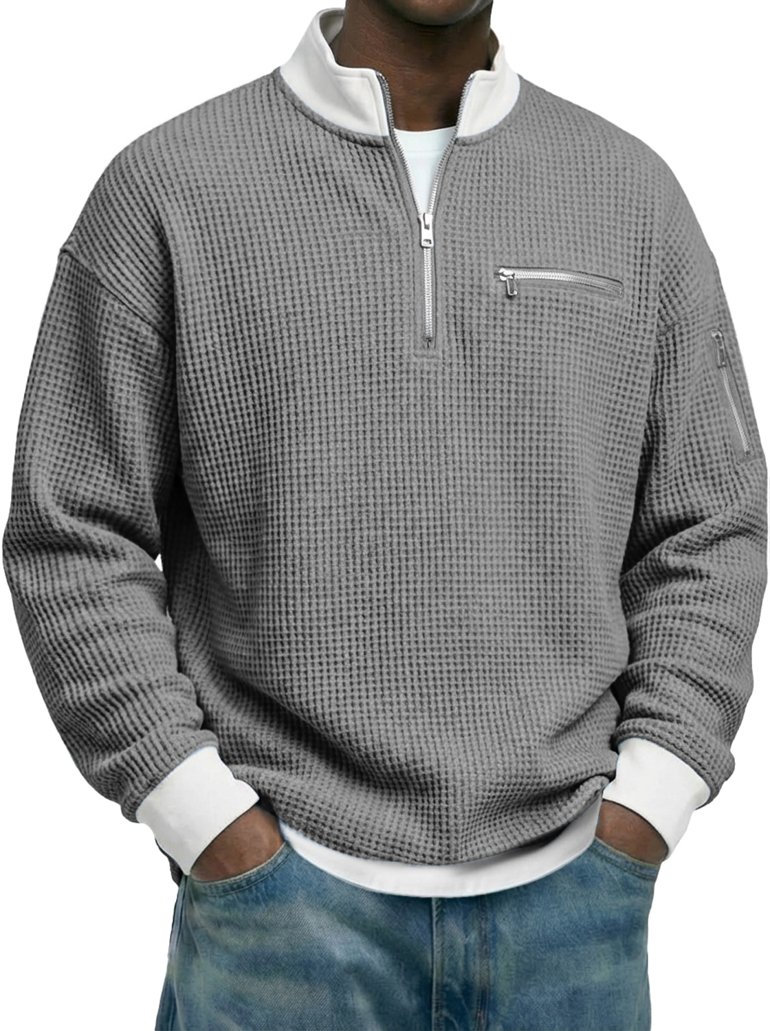 Men's Waffle-knit Stand-collar Color-block Zippered Casual Long-sleeved T-shirt