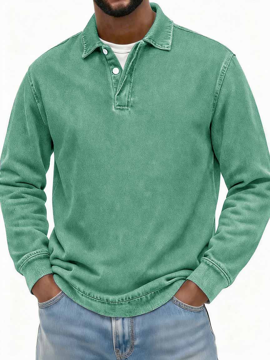 Men's Stylish Vintage Washed And Distressed Fabric Long-sleeved Polo Shirt With A Double-layer Placket And A Design Lapel